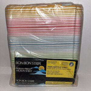 Vintage Sears New Bon Bon Stripe Twin Flat (Top) Sheet Multicolor Strips Summer